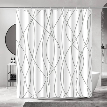 unframed Modern black and white striped corrugated fabric bathroom shower curtain.