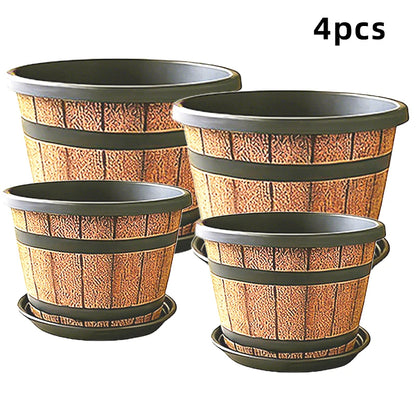 Indoor Large Flower Planter Resin Plant Pot Outdoor Imitation Wooden Barrel for Balcony Garden, Home Office Decor