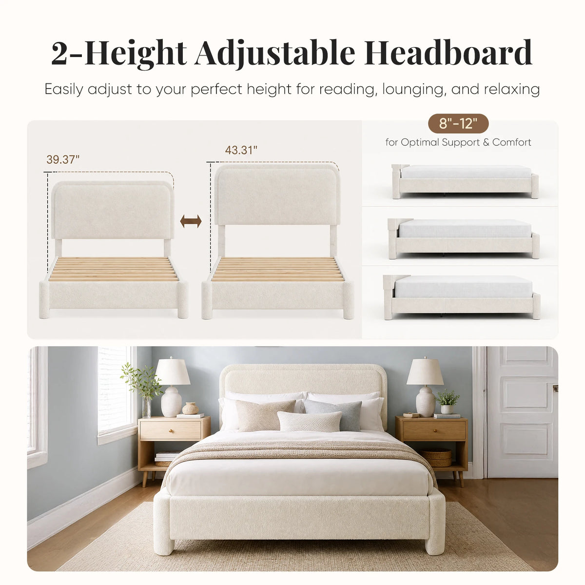 Adjustable Teddy Fleece Headboard No Box Spring Required Wooden Slats Support Easy Assembly Noise Free