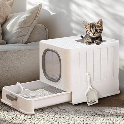 Large Cat Litter Box Pet Toilet Skylight Enclosed Drawer Scoop Covered Tray