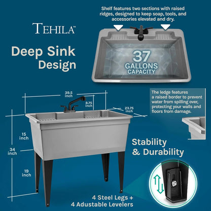 Freestanding Double-Wide Utility Sink with Steel Legs & Black Pull-Out Faucet, Multi-Purpose Heavy-Duty