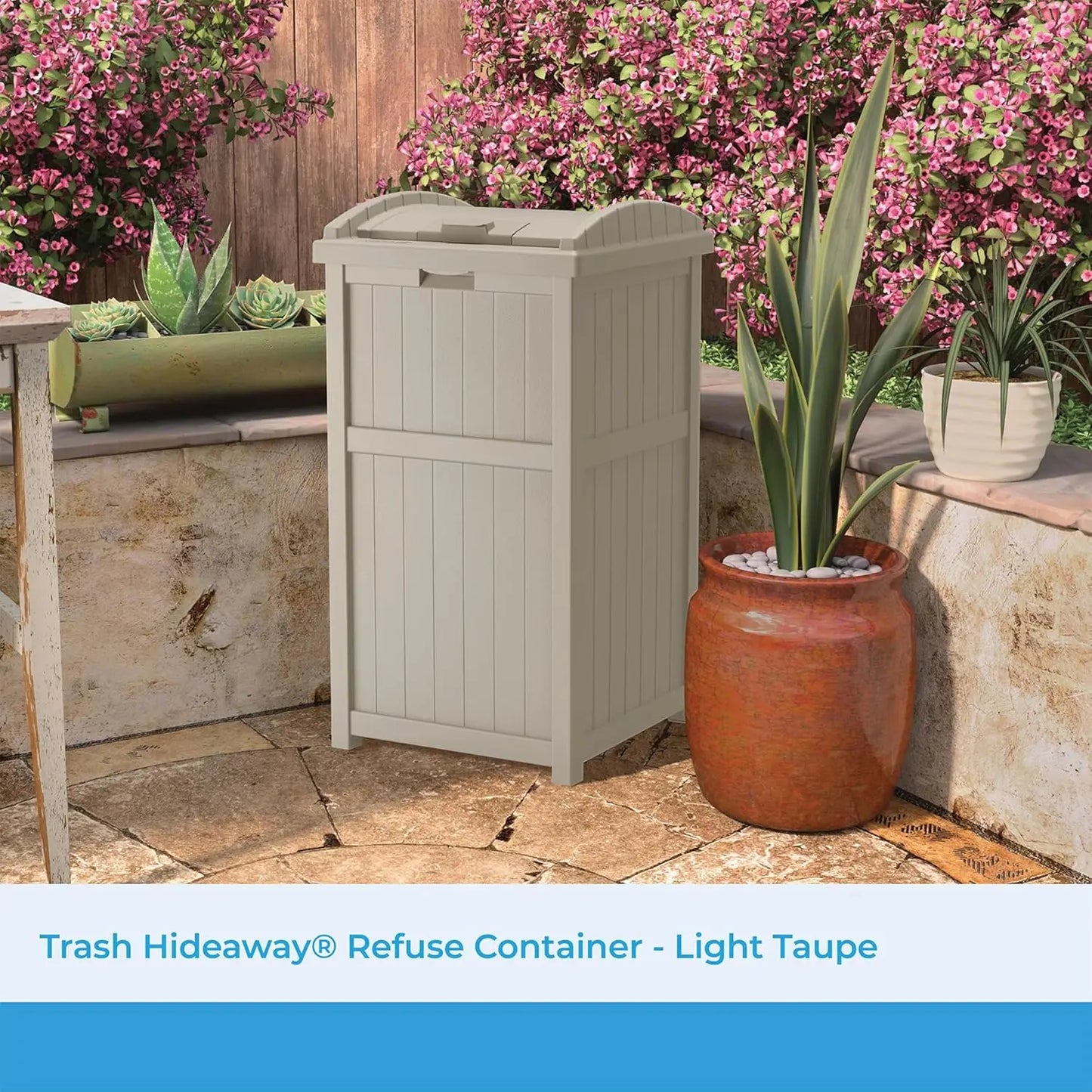 30-Gallon Outdoor Trash Can with Lid, Weather-Resistant Resin, Wicker-Style Design for Patio