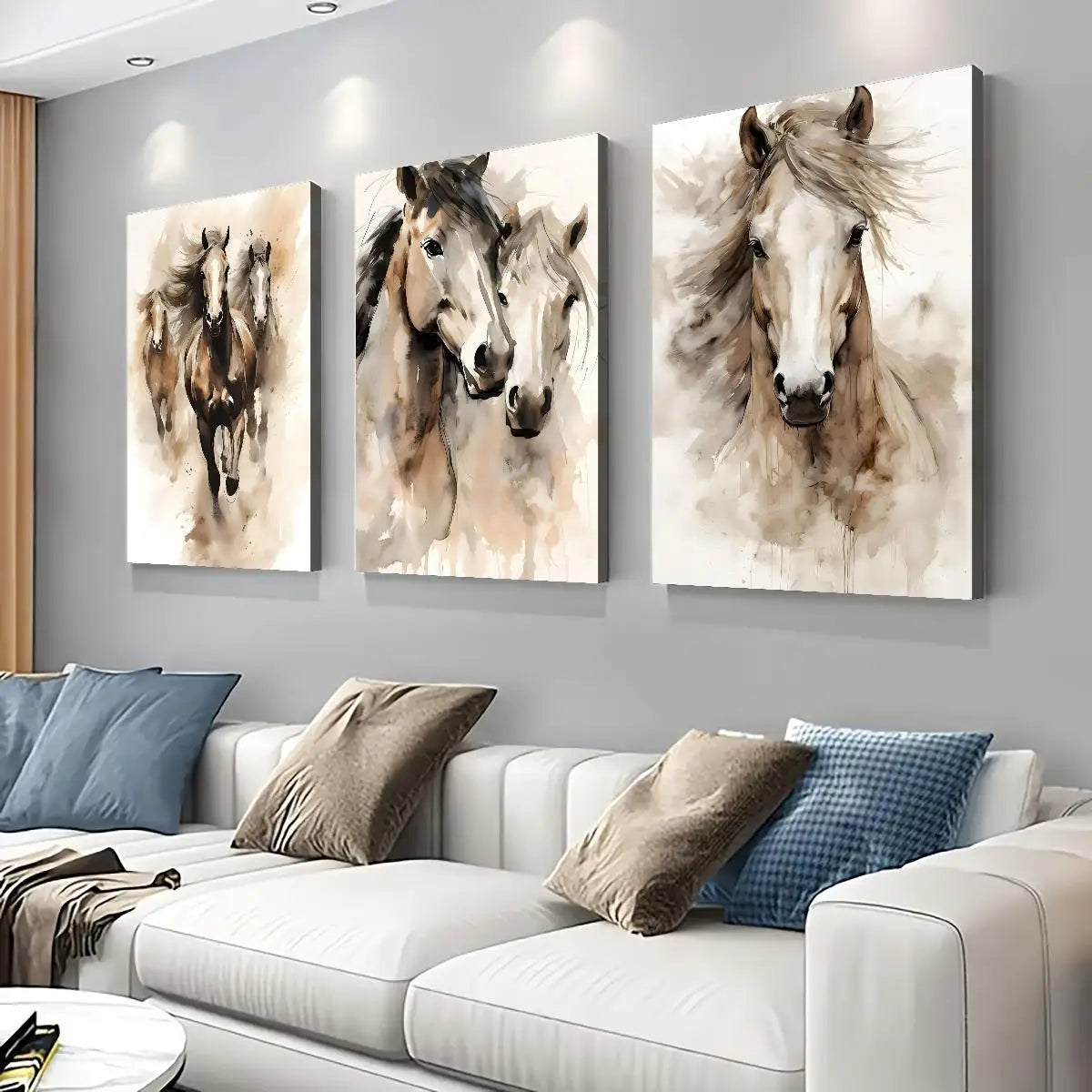 Frameless3pcs Wood Frame Minimalist Horse Pair Print, Two Horses Charcoal Sketch Abstract Equestrian