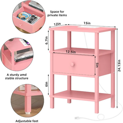 3-Tier Storage End Table with Drawer Shelf, Nightstand with charging station