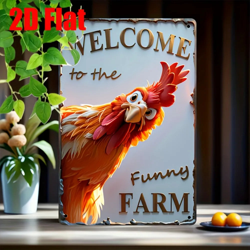 "Welcome to the Funny Farm" Rooster Metal Wall Sign, 2D Flat 12"x8" - Rustic Iron Weather-Resistant Decor