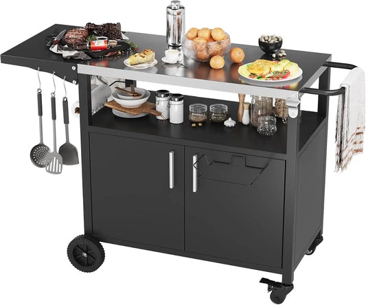 Storage, Patio Kitchen Island Outdoor Grill Table with Wheels, BBQ Cart
