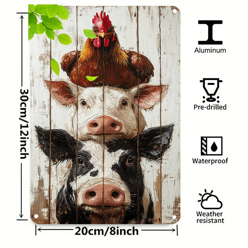 1pc Farmhouse Rustic Rooster & Pig Vintage Metal Art with Weathered Wood Design