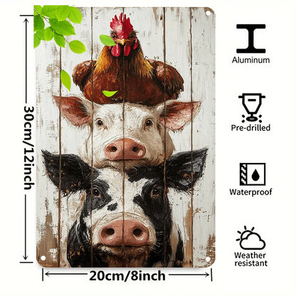 1pc Farmhouse Rustic Rooster & Pig Vintage Metal Art with Weathered Wood Design