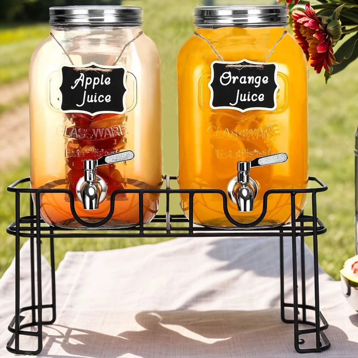 Drink Dispenser 2 Packs 1 Gallon Glass with Stand and Stainless-Steel Faucet Party