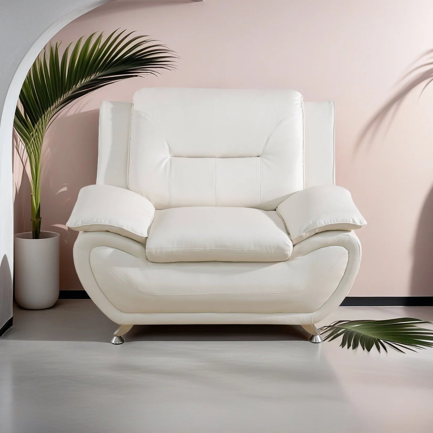 Elegant Compact Sofa  Beautiful Seams, White Faux Leather