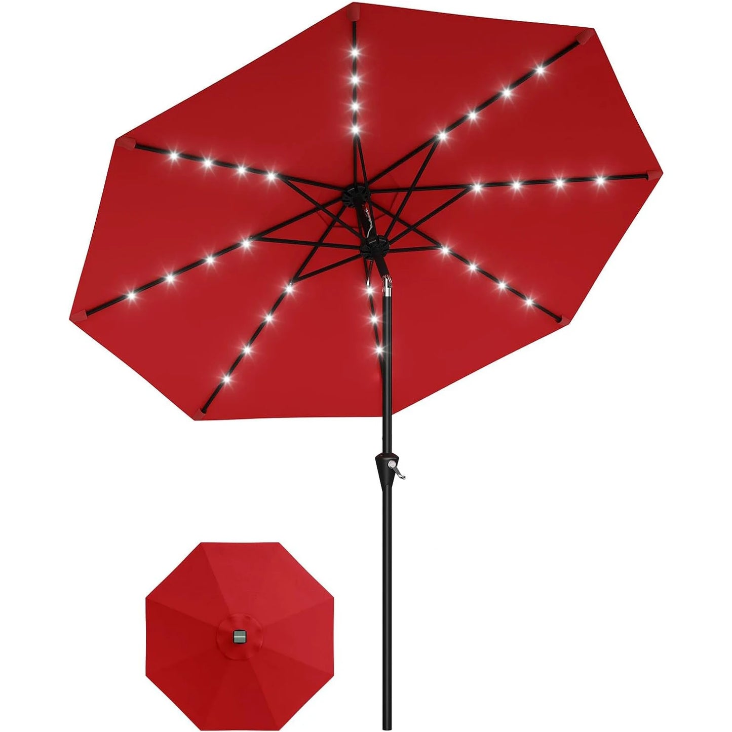 9FT Solar Patio Umbrella with 32 LED Lights - Outdoor Table Umbrella with Crank Lift, Push Button Tilt and 8 Sturdy Ribs