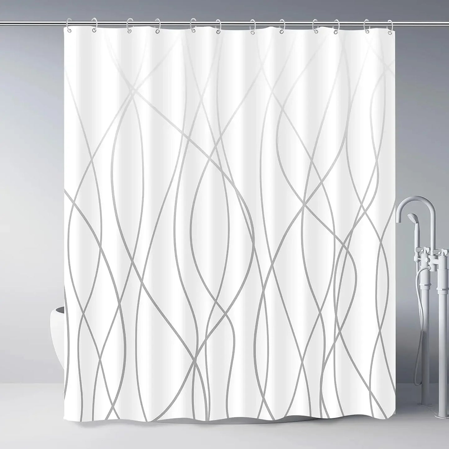 unframed Modern black and white striped corrugated fabric bathroom shower curtain.