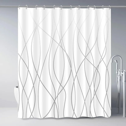 unframed Modern black and white striped corrugated fabric bathroom shower curtain.