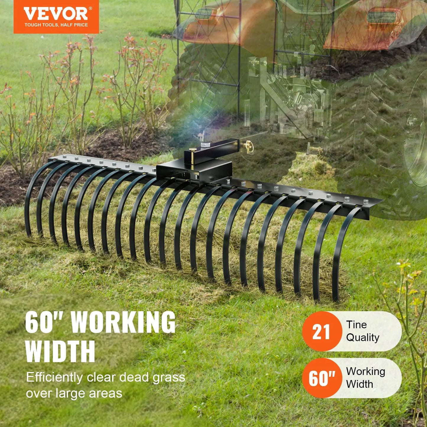 Tow Behind Landscape Rake, Tow Dethatched With 21 Steel Coil Tines, Lawn Attaches Toolbars And 3-point