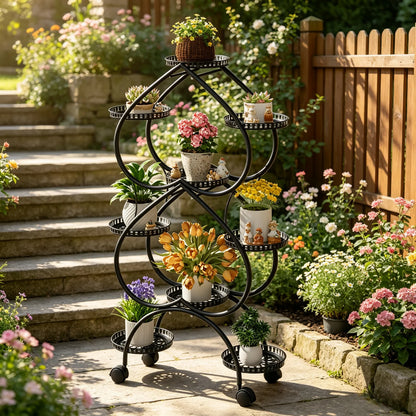 9-Potted Metal Tall Plant Stand with Wheels Flower Display