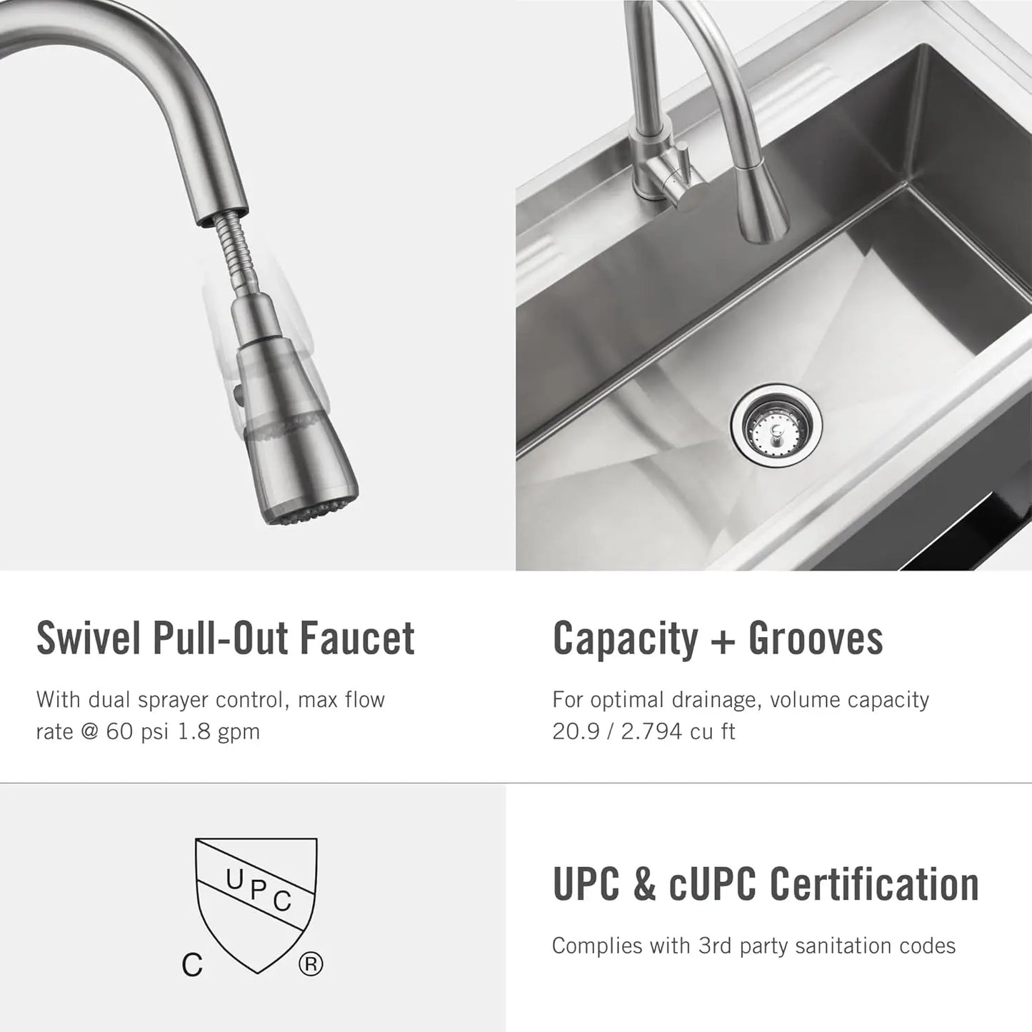 Stainless Steel Utility Sink with Pull-Out Faucet, 36"x20"x49.2”