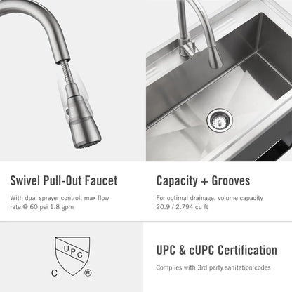 Stainless Steel Utility Sink with Pull-Out Faucet, 36"x20"x49.2”