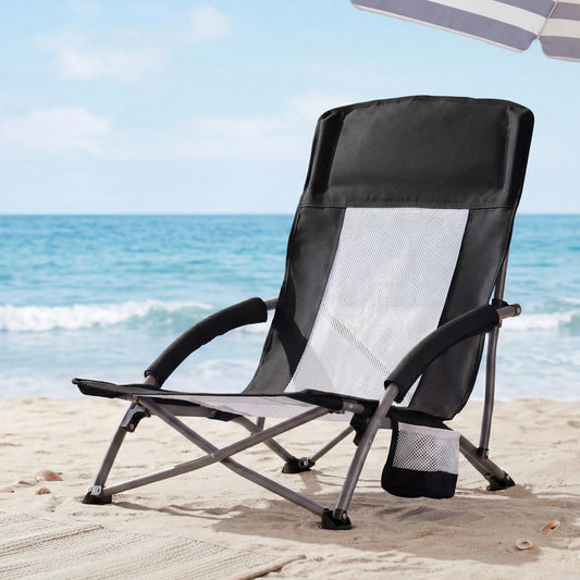 Outdoor Folding Low Beach Chair Collapsible Padded with Cup Holder Storage Bag Mesh Back