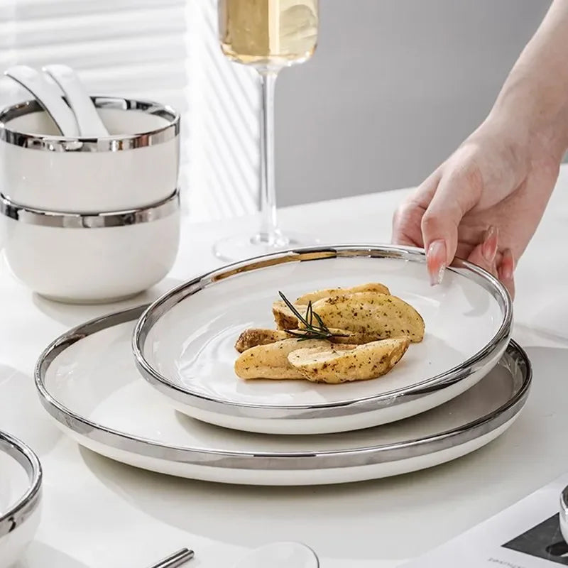 White Ceramic Plates With Silver Steak Serving Plate Bowls Ins Dinnerware set