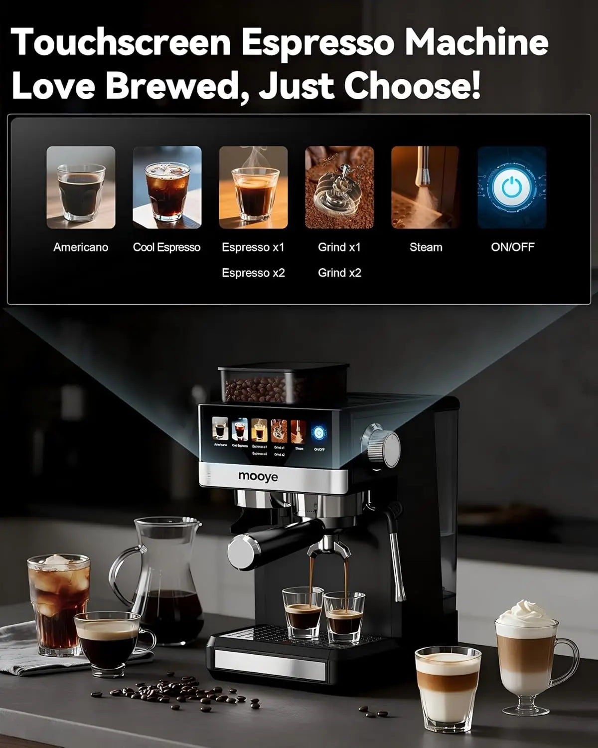Espresso Machine with Grinder 20Bar Compact with Steam Milk Frothed Coffee Maker for Home Cappuccino Latte Cold