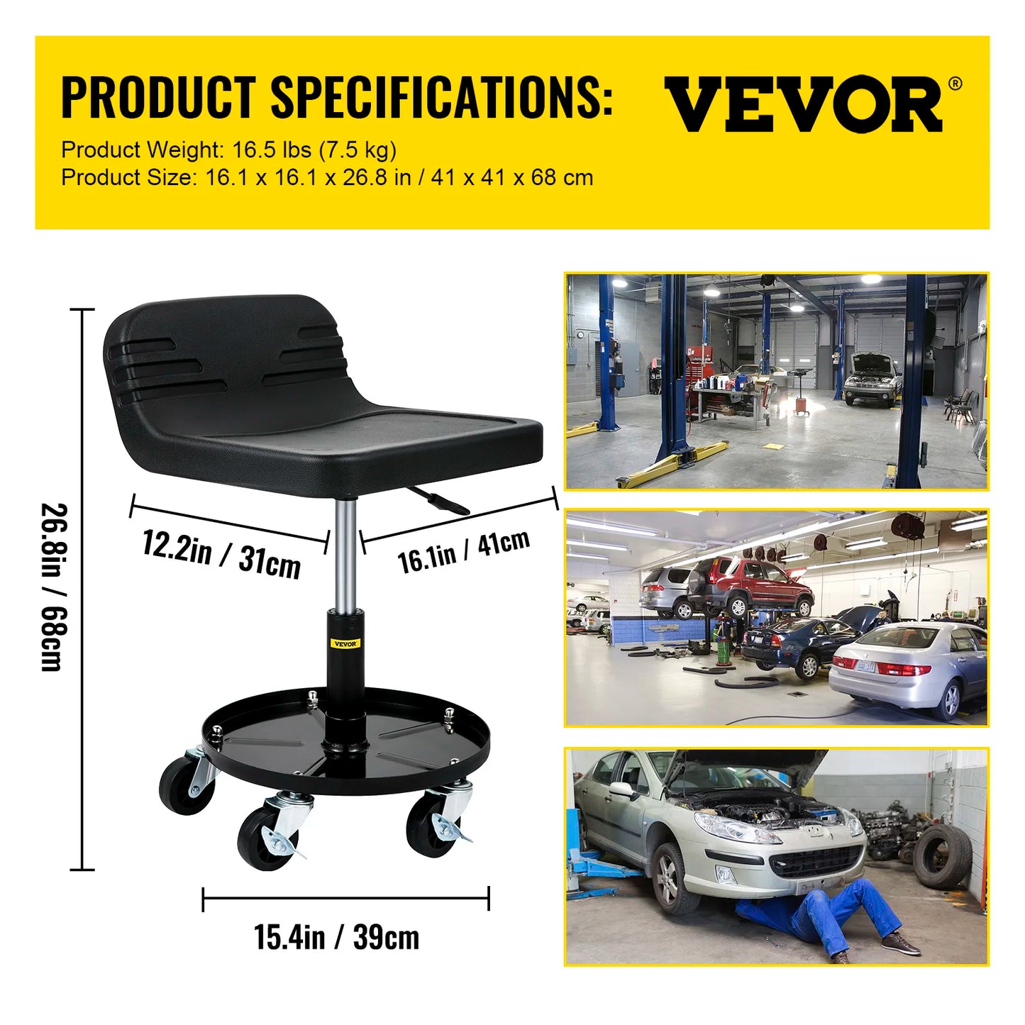 Rolling Creeper Seat Mechanic Stool Adjustable Swivel Chair with Tool Tray 300LBS