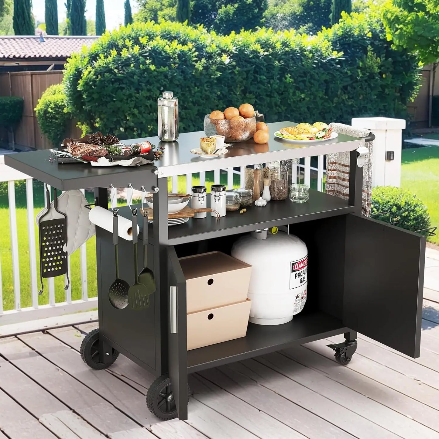 Storage, Patio Kitchen Island Outdoor Grill Table with Wheels, BBQ Cart