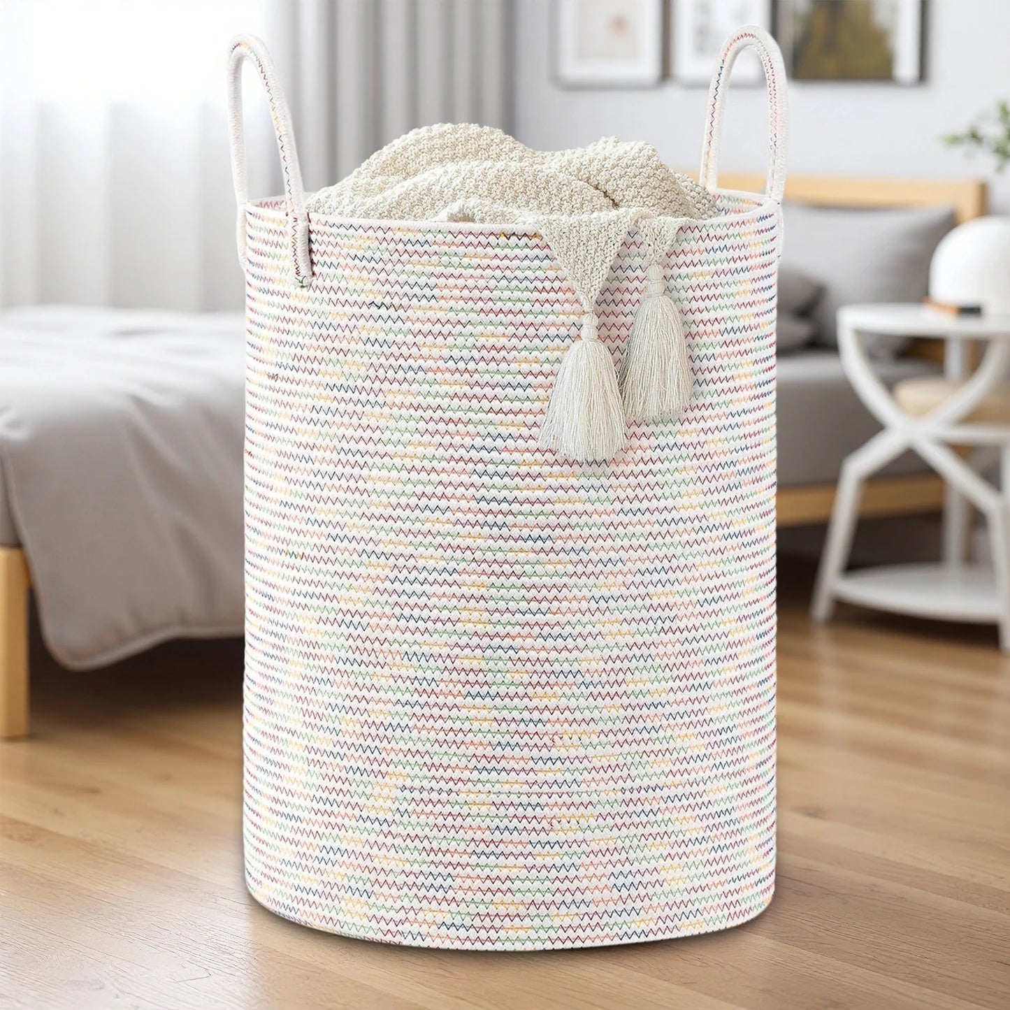 Large Storage Basket Tall Woven Laundry Hamper with Handles Foldable Cotton Rope