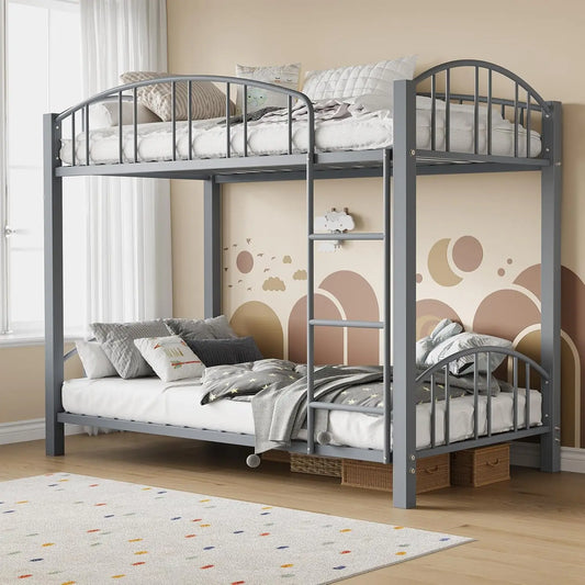 Metal Loft Bed Bunk Beds Twin Over Full Size with Heightened Safety Guardrail & Ladder