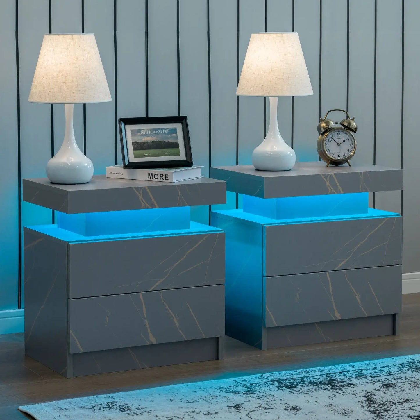 Set of 2 LED Nightstand with 2 Drawers, with LED Lights