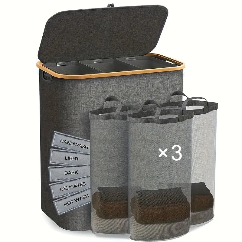 Extra Large Laundry Basket with Lid 3-Grids Inner Bags Laundry Hamper