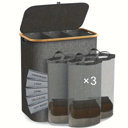 Extra Large Laundry Basket with Lid 3-Grids Inner Bags Laundry Hamper