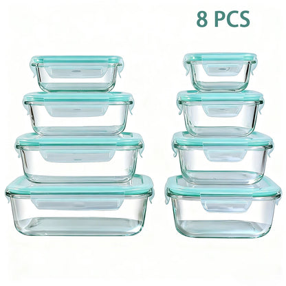 8pcs Glass Food Storage Containers Set Lunch Box Leakproof Airtight Microwave & Oven Safe