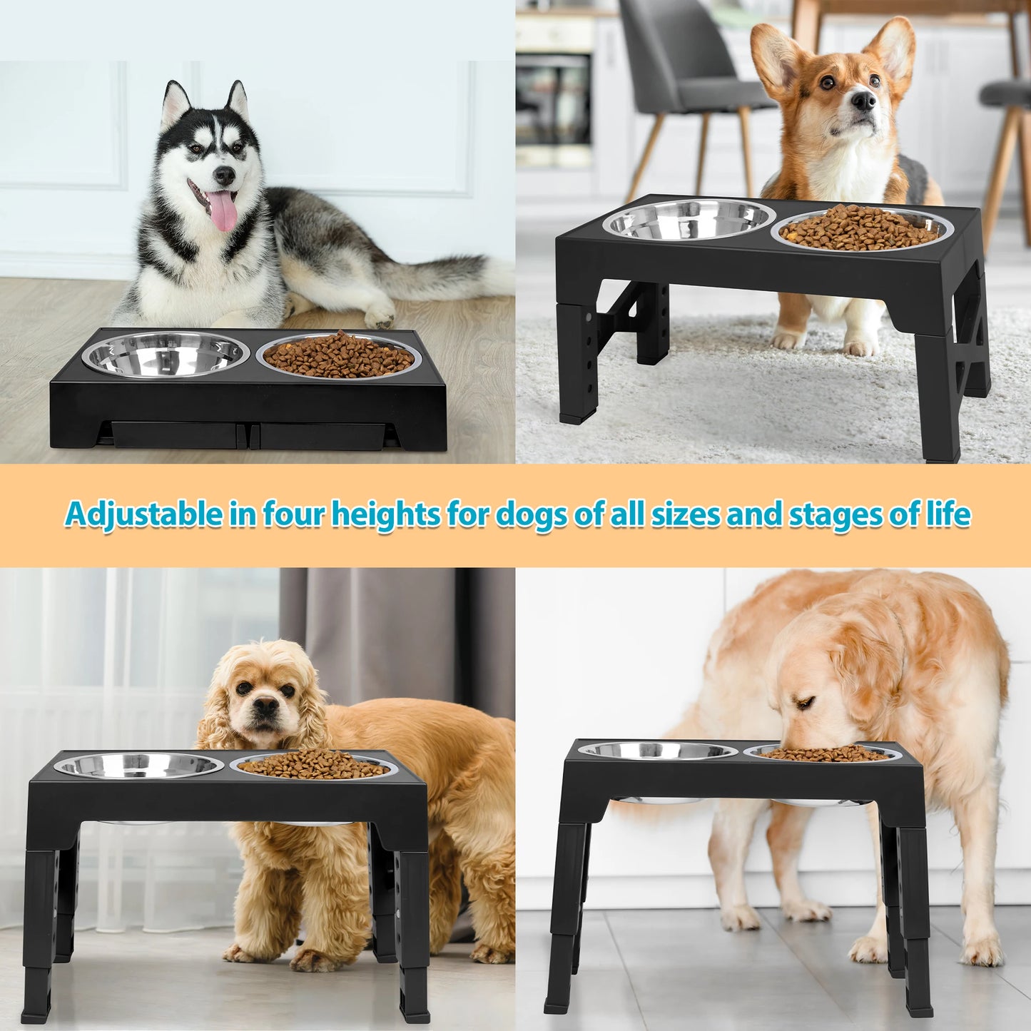 Elevated Dog Bowls with 2 Stainless Steel Dog Food Bowls, Raised Dog Bowl Adjusts to 5 Heights