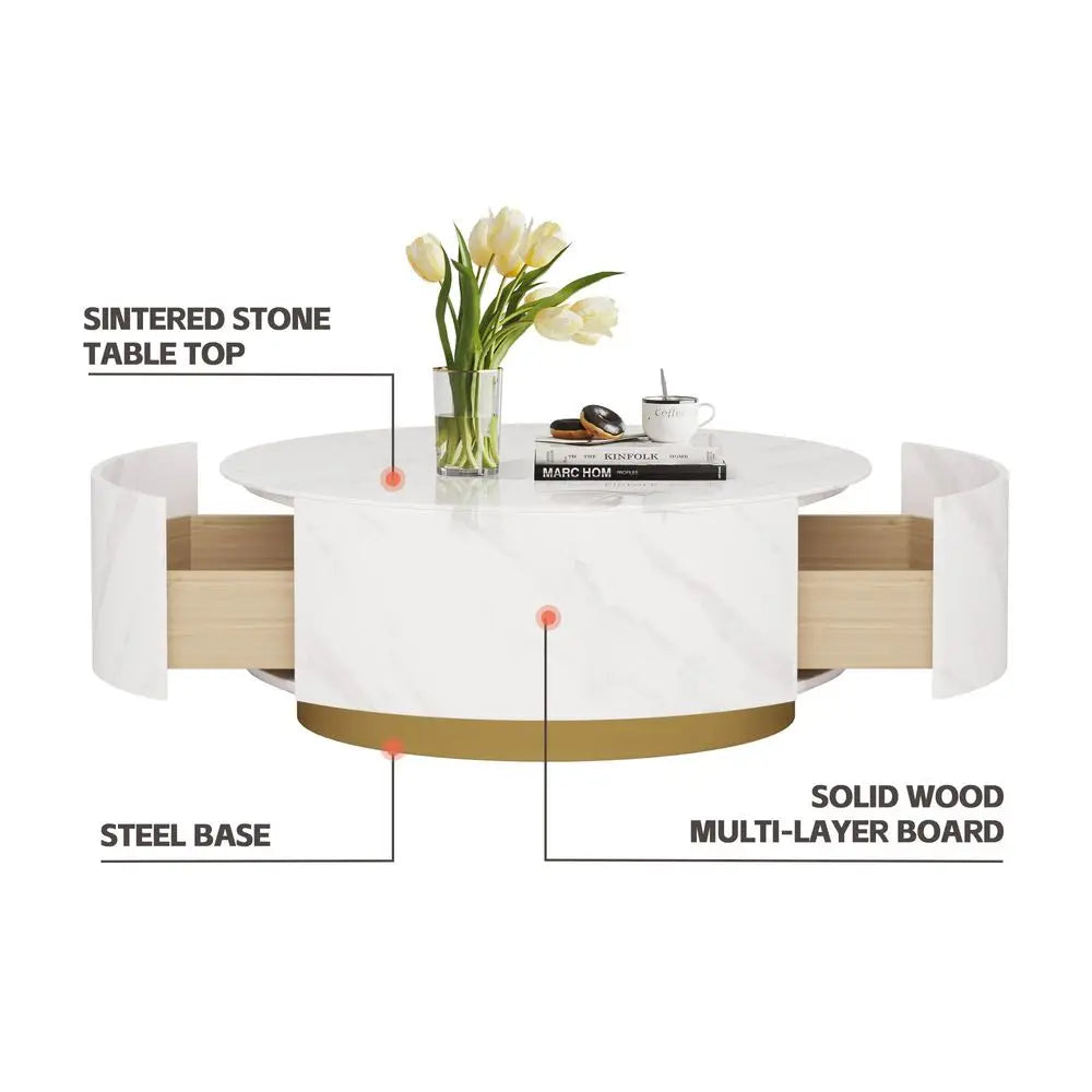 Round Coffee Table with 2 Drawers, Sintered Stone Tabletop and Golden Base, Center Table