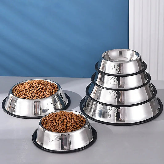 Stainless Steel Dog Cat Food Bowl Pets Quality Metal Pawprint Feeder Non-slip Pet Feeding