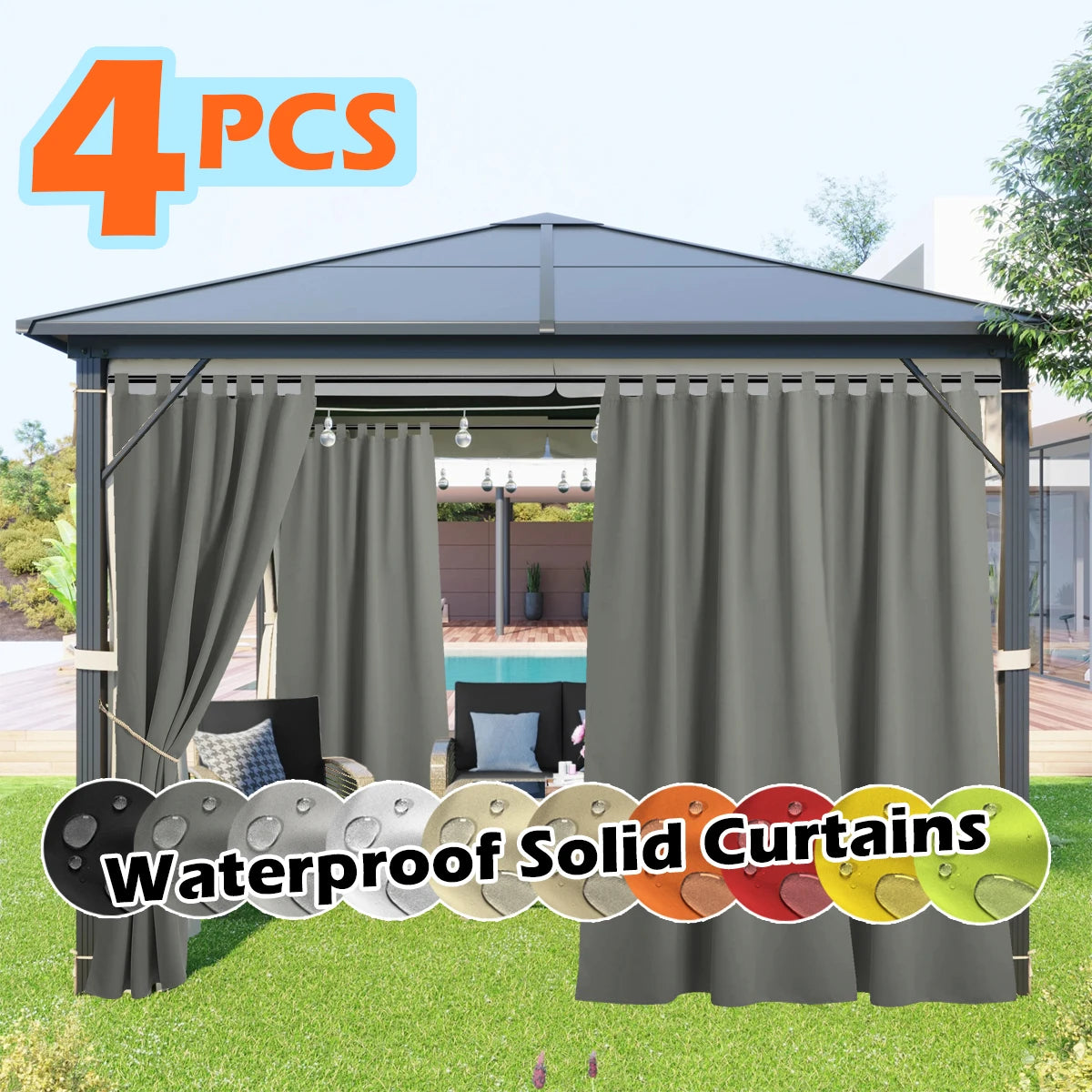 4 Panels Outdoor Curtains, Waterproof & UV-Resistant Tab Top Design