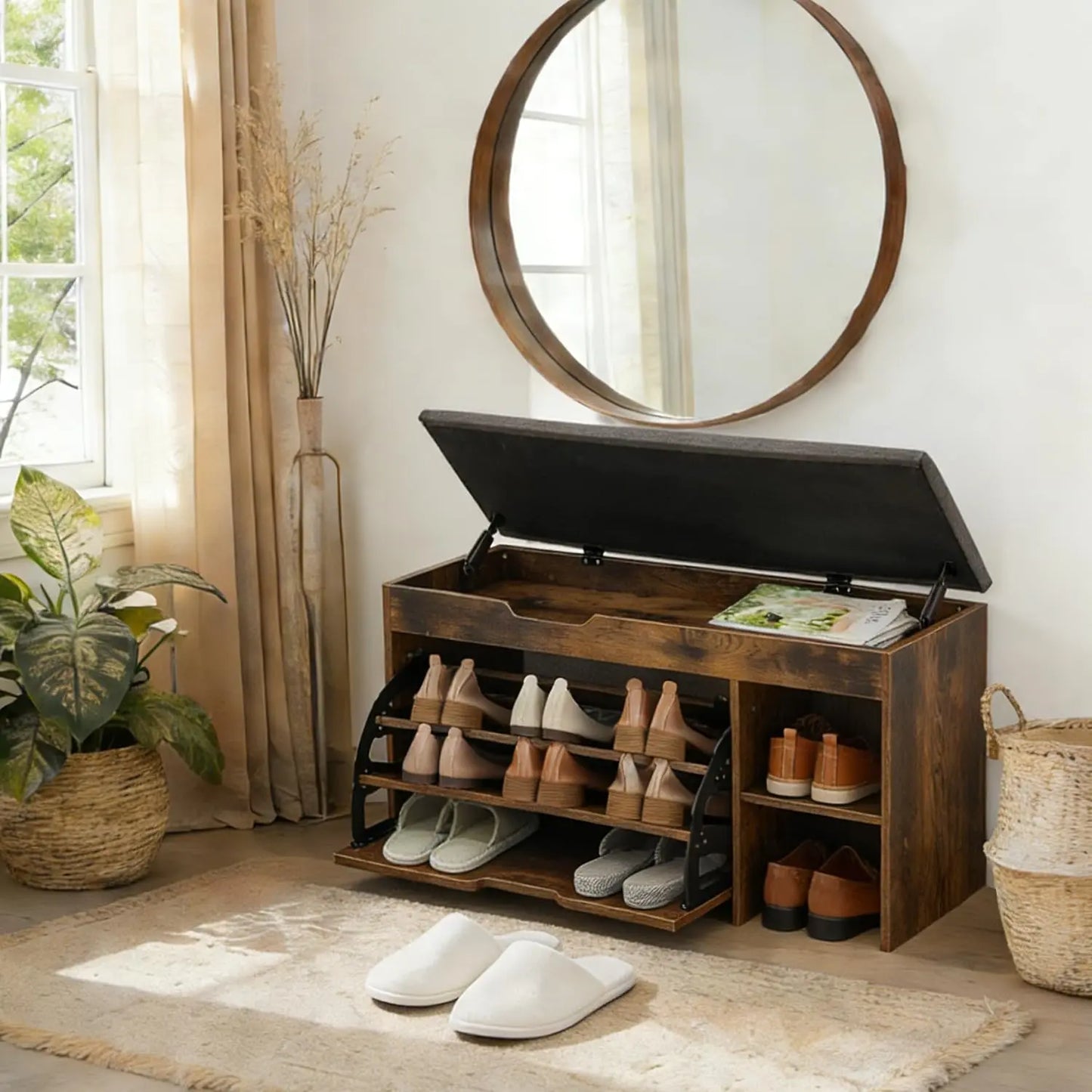 Shoe Storage entryway Bench with seat cushion Flip Drawers & Lift Top Storage Box,3-Tier Short Shoe