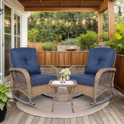 3-piece outdoor patio wicker rocking chairs rattan furniture sets w/ 2 rattan chairs, cushions, glass