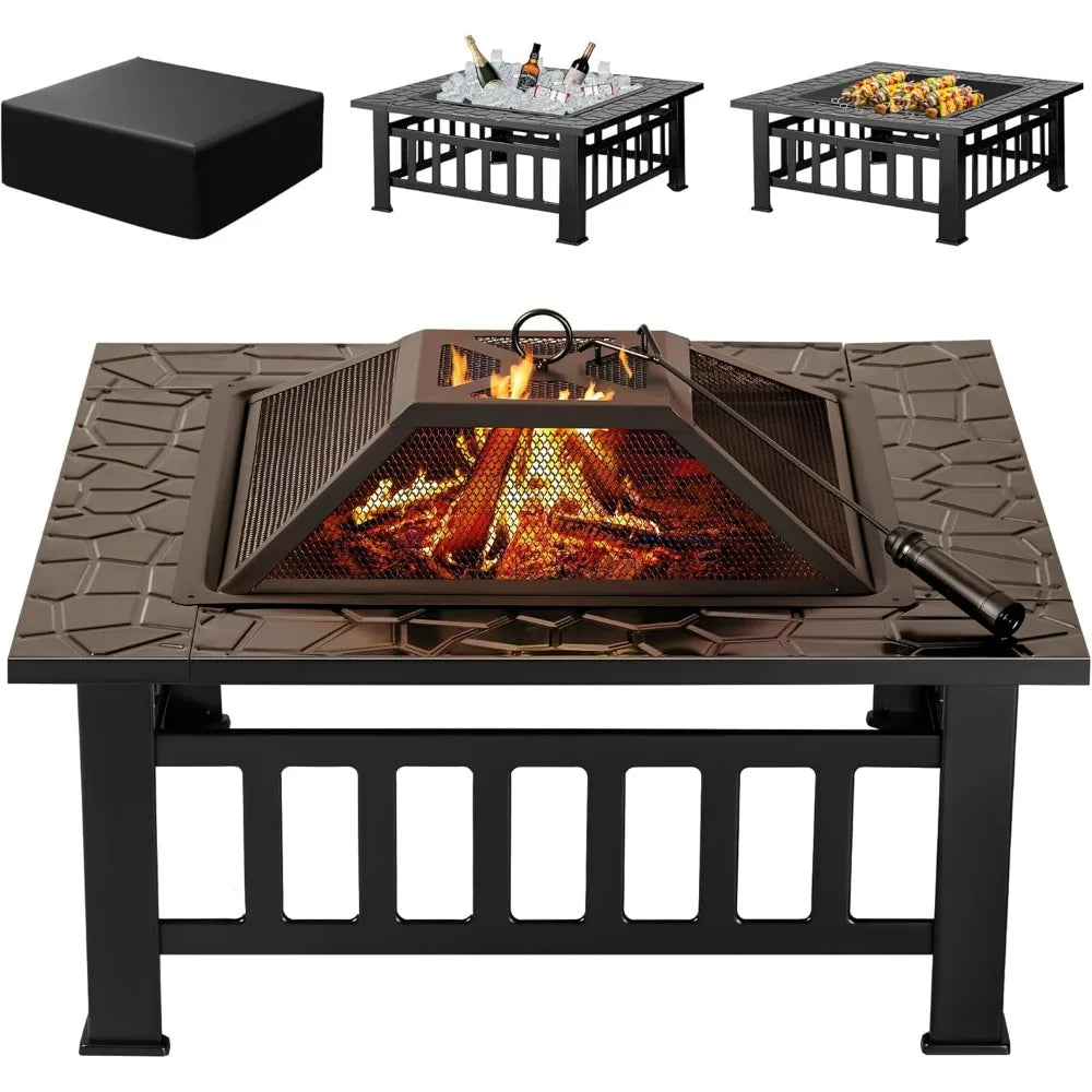 Outdoor Fire Pit, 32 Inch Table Metal Outdoor Fireplaces with Waterproof Cover (Black)