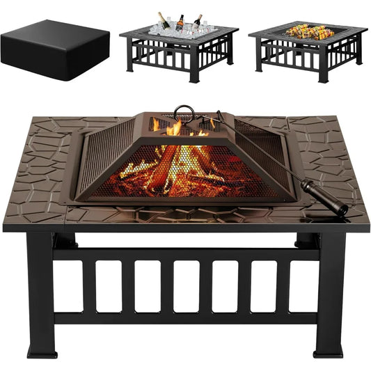 Outdoor Fire Pit, 32 Inch Table Metal Outdoor Fireplaces with Waterproof Cover (Black)