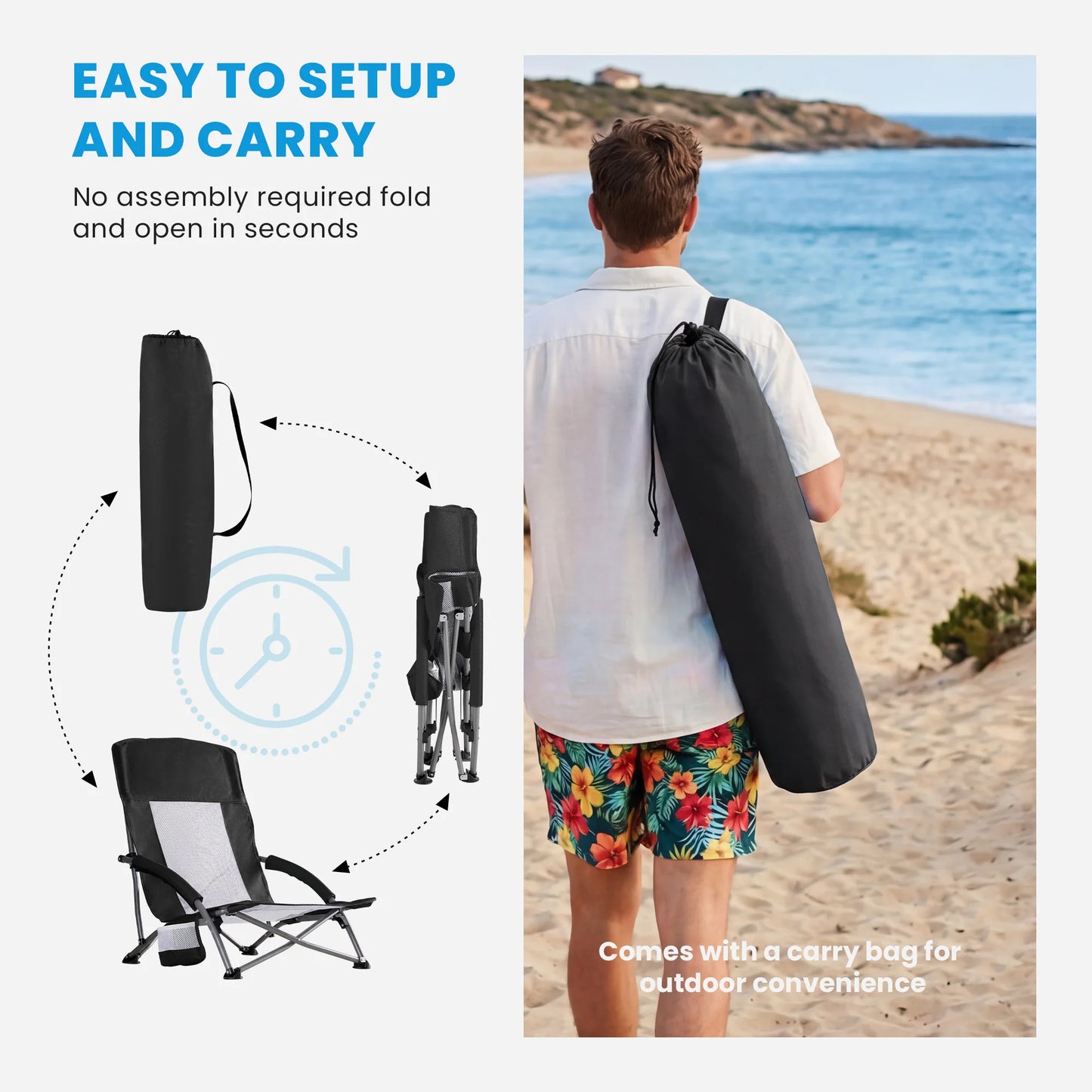 Outdoor Folding Low Beach Chair Collapsible Padded with Cup Holder Storage Bag Mesh Back