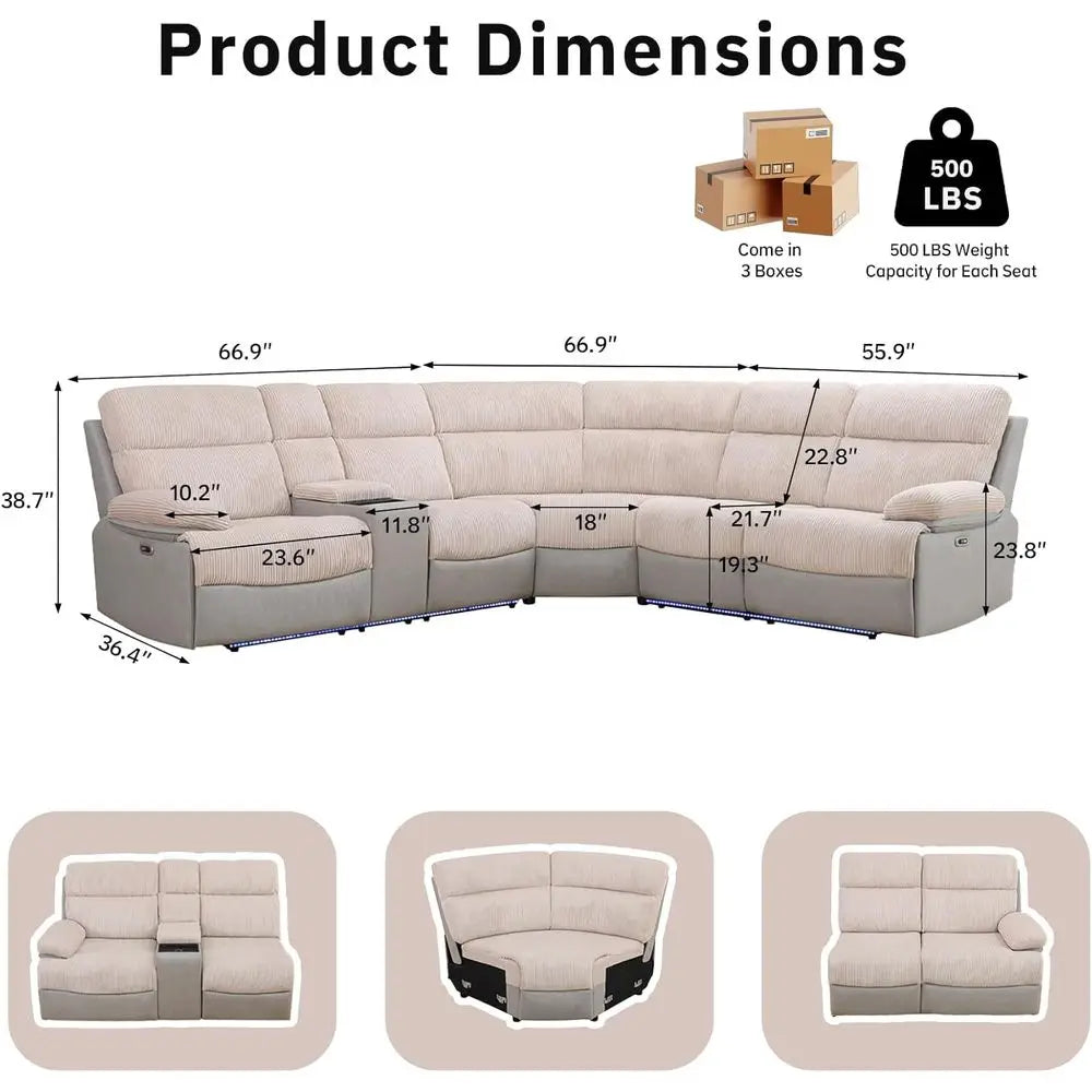 Reclining L-Shaped Sectional Sofa with USB Ports, Cup Holders, Storage, LED Lights