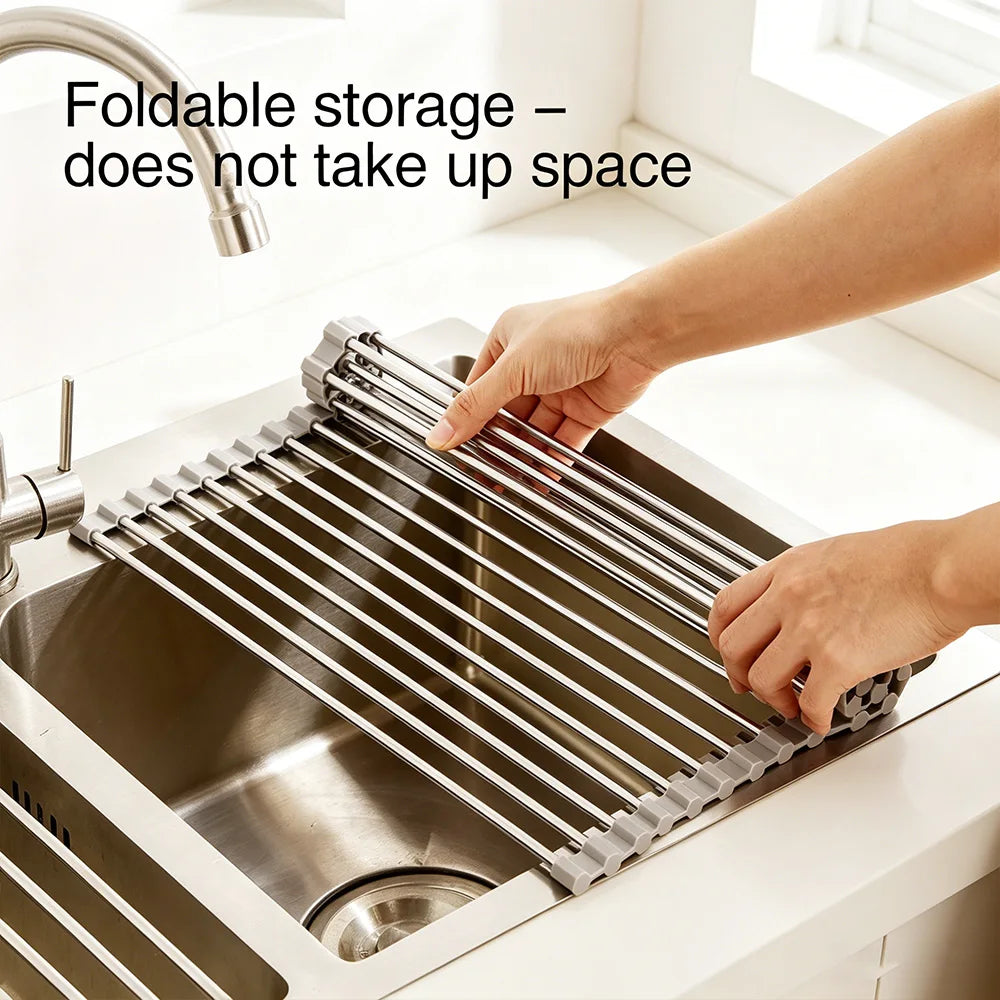 Over Sink Rollable Dish Drying Rack Foldable Stainless Steel Drain Mat