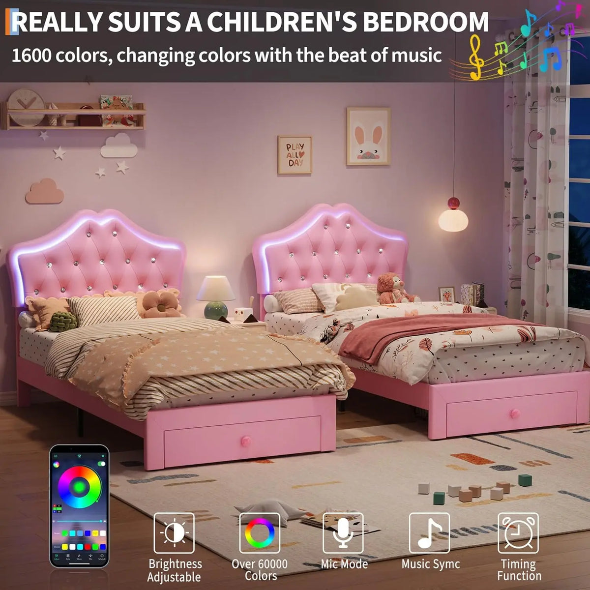 Twin XL Velvet Upholstered Platform Bed Frame With LED Headboard, Crystal Button Tufting, Storage Drawer,