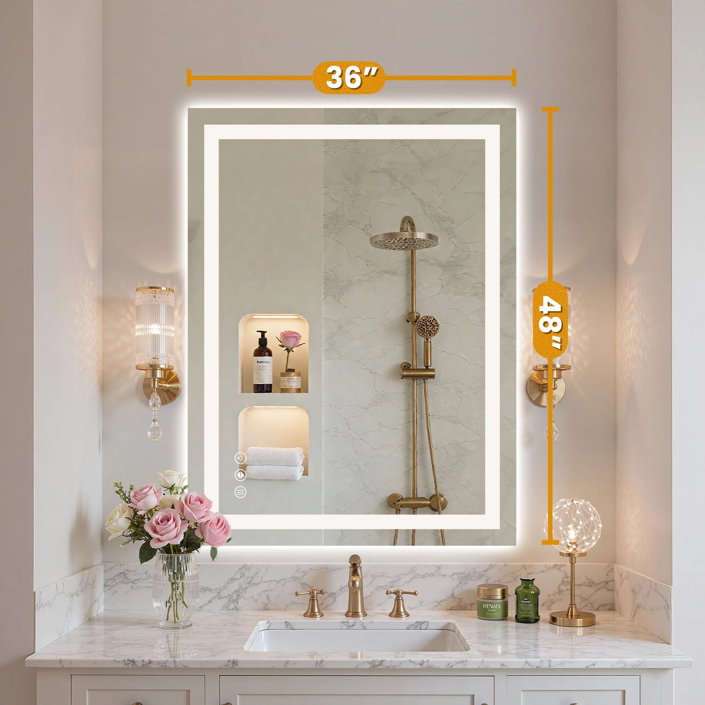 LED Bathroom Vanity Mirror for Wall Memory Function Tempered Glass with 3 Color Temperatures Front Light