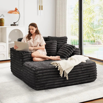 56" Oversized Chaise Lounge Plush Faux Fur Sleeper Sofa Couch Bed with Pillows