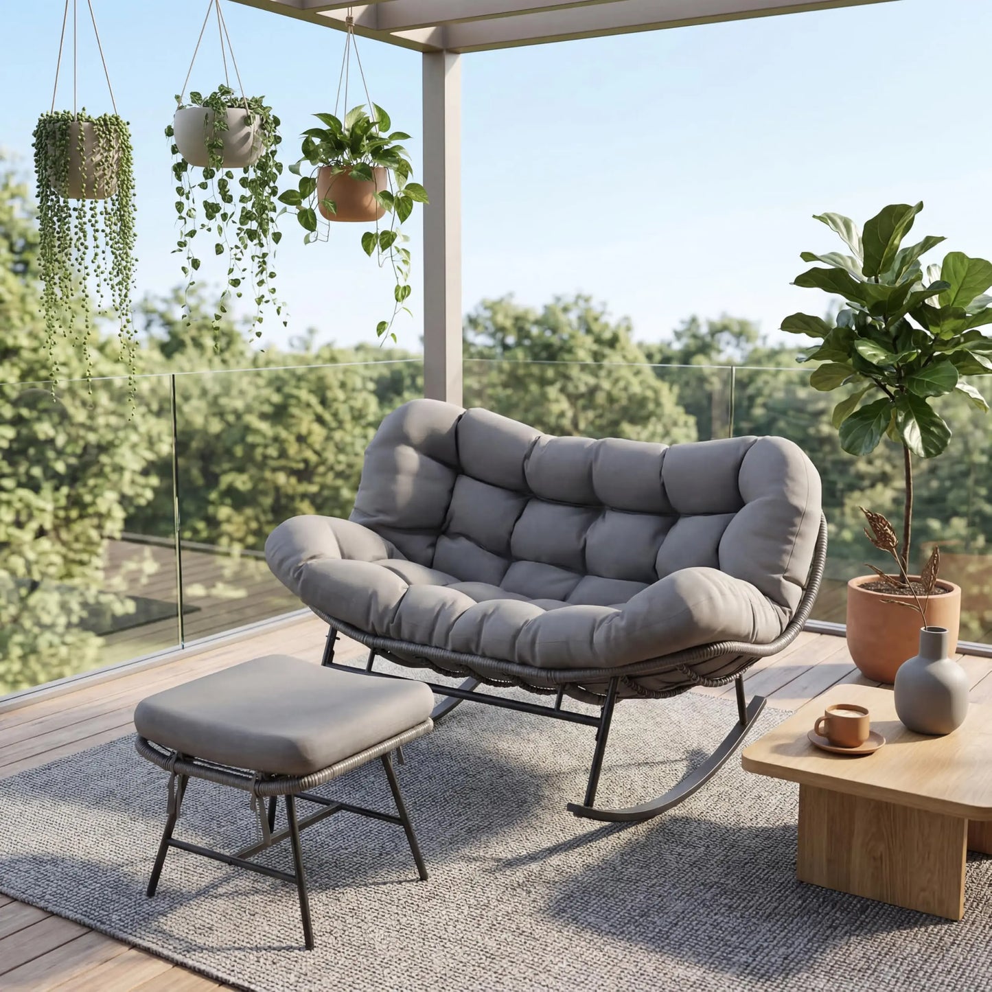 Patio egg Rocking Chair Set with Ottoman Double Wicke Indoor, Outdoor Lounge Chair