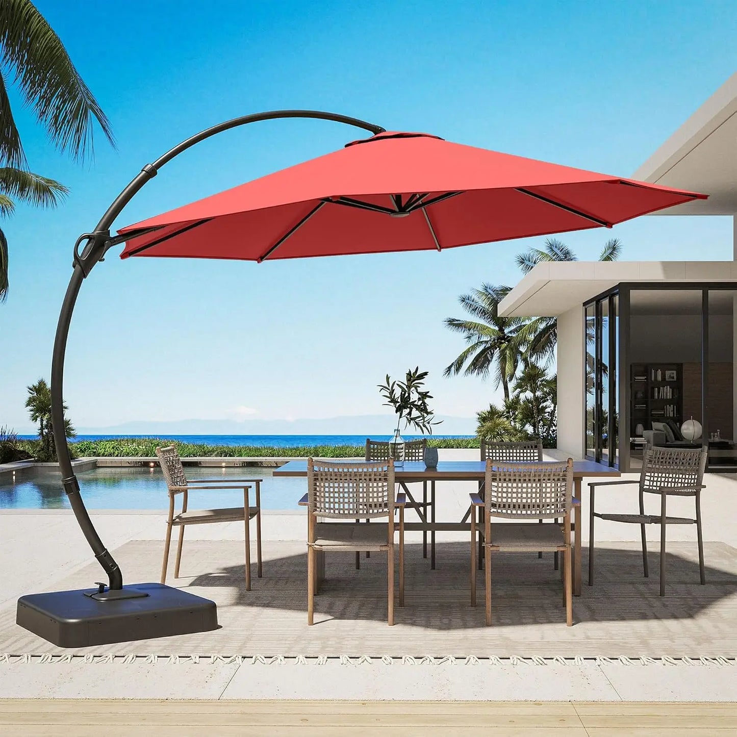 Outdoor Patio Umbrella with Base Included, 11ft Large Sunshade Cantilever Umbrella Deluxe Curvy Aluminum