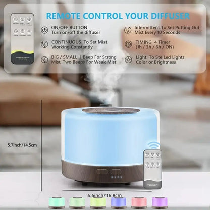 Stylish Wood Grain Diffuser Set Cool Mist Humidifier with Remote, 7 LED Colors & 6 Essential Oils