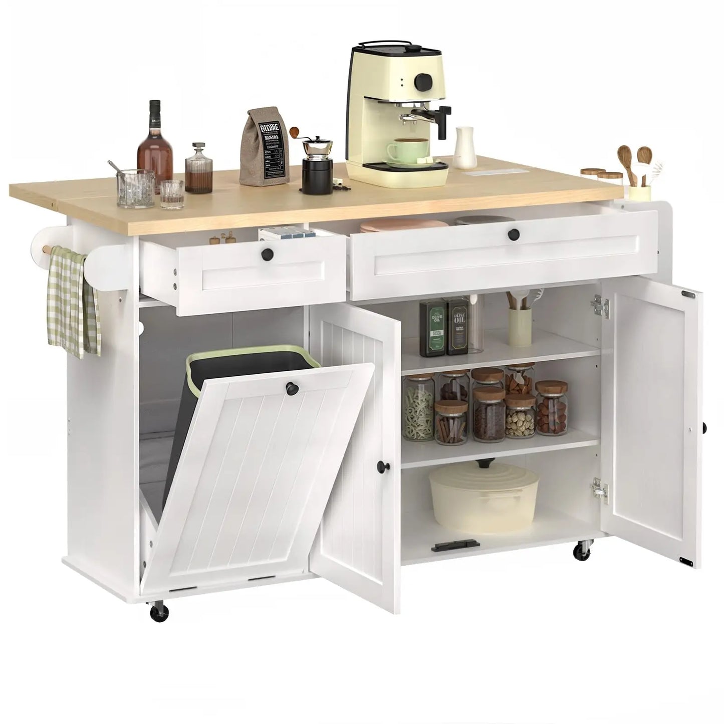 60" Mobile Kitchen Islands Rolling Table Drop Leaf with Power Outlet Spice Towel Rack Trash